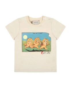 Gucci Beige T-shirt For Babykids With Cats And Logo