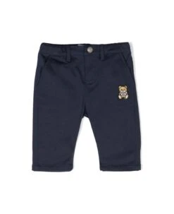 MOSCHINO Blue Pants With Contrasting Teddy Bear Patch And Buttoned Fastening In Cotton Baby