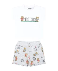 MOSCHINO White Suit For Baby Boy With Teddy Bear And Logo