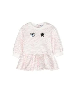 Chiara Ferragni Pink Long-sleeved Dress With Frill And Animalier Print In Cotton Blend Baby