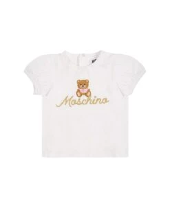 MOSCHINO White T-shirt For Baby Girl With Teddy Bear And Logo