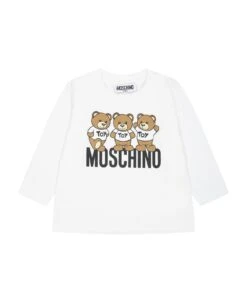 MOSCHINO White T-shirt For Baby Kids With Teddy Bears And Logo
