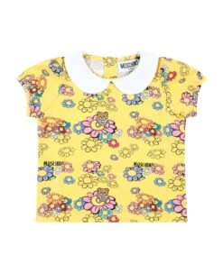 MOSCHINO Yellow T-shirt For Baby Girl With Flowers And Logo