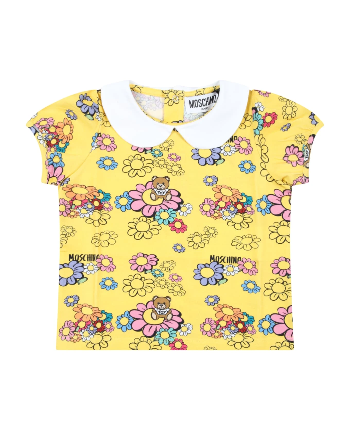 MOSCHINO Yellow T-shirt For Baby Girl With Flowers And Logo