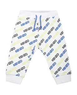 Kenzo Kids White Trousers For Baby Boy With Multciolor Logo