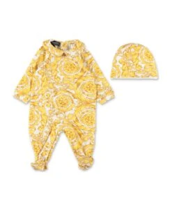 Versace Set Regalo Da Due Pezzi Stampa Oro In Jersey Di Cotone Con Tutina E Cappello Baby Boy