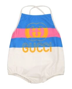 Gucci Ivory Swimssuit For Baby Girl With Vinatge Print And Iconic Double Gg