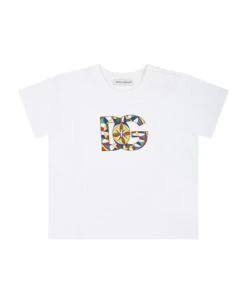 Dolce & Gabbana White T-shirt For Baby Boy With Logo And Cart Print