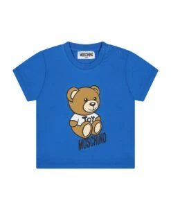 MOSCHINO Blue T-shirt For Baby Boy With Teddy Bear And Black Logo